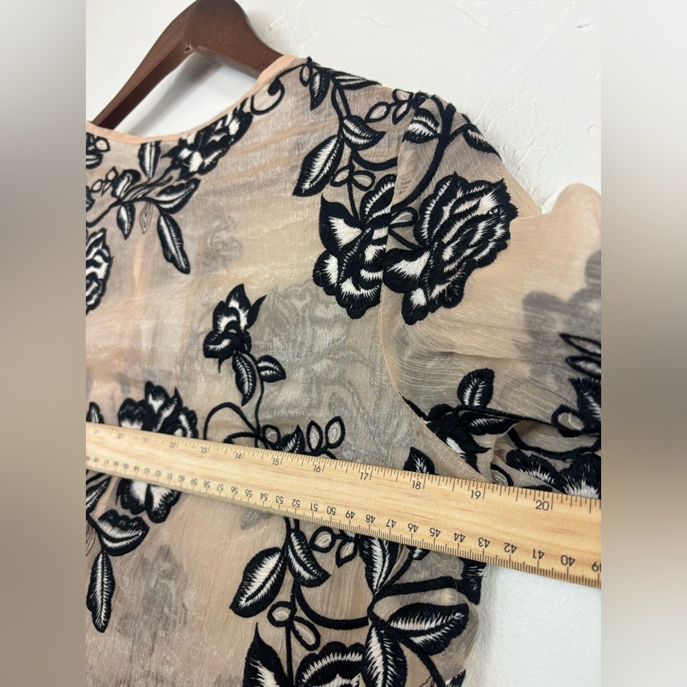 GOLDIE Women's Black Floral Flower Embroidery Sheer Blouse Cream Office Feminine - Picture 15 of 16